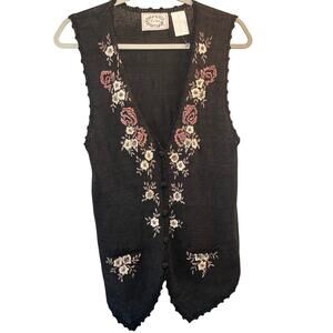 VTG Erika Crochet Embroider Button Vest M Floral Boho Cottagecore Grandma Artsy